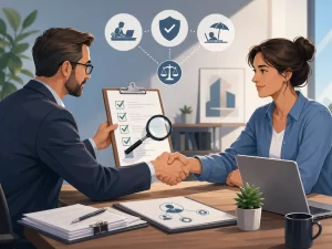 Zakelijke controle van een zzp-samenwerking met checklist, vergrootglas en handshake.