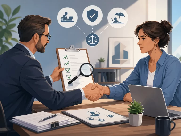 Zakelijke controle van een zzp-samenwerking met checklist, vergrootglas en handshake.