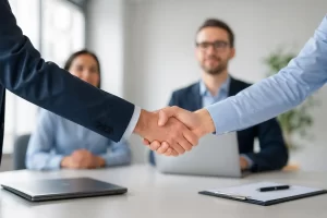 Een professionele handdruk in een modern kantoor, symbool voor duidelijke afspraken en betrouwbare samenwerking.