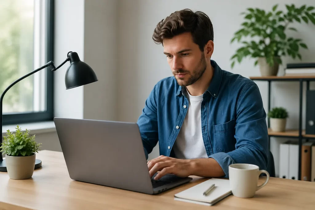 Een zzp’er werkt geconcentreerd vanuit een moderne thuiswerkplek, met focus op professionele zelfstandigheid.