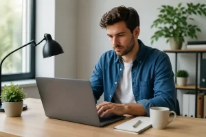 Een zzp’er werkt geconcentreerd vanuit een moderne thuiswerkplek, met focus op professionele zelfstandigheid.