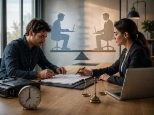 Een zakelijke scène over contractafspraken, zelfstandigheid en juridische aandachtspunten bij samenwerking.