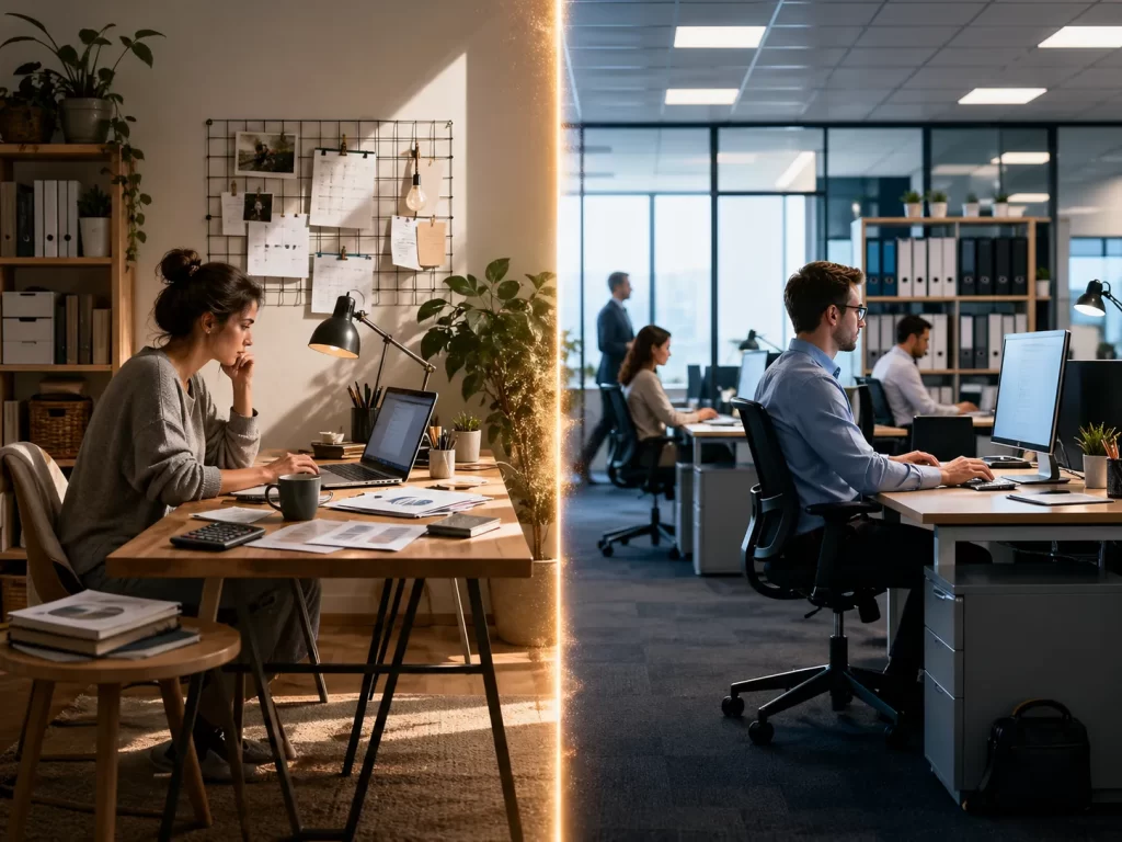 Een visuele vergelijking tussen zelfstandig werken thuis en werken in loondienst op kantoor, gescheiden door een duidelijke grens.