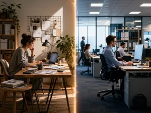 Een visuele vergelijking tussen zelfstandig werken thuis en werken in loondienst op kantoor, gescheiden door een duidelijke grens.