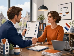 Een professionele opdrachtgever en freelancer bespreken een checklist en sluiten met een handdruk een duidelijke samenwerking af.