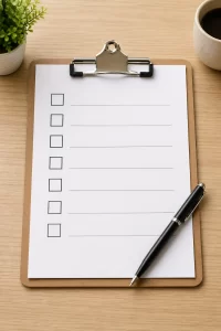 Een overzichtelijke checklist op een bureau voor het controleren van werkafspraken en zelfstandigheid.