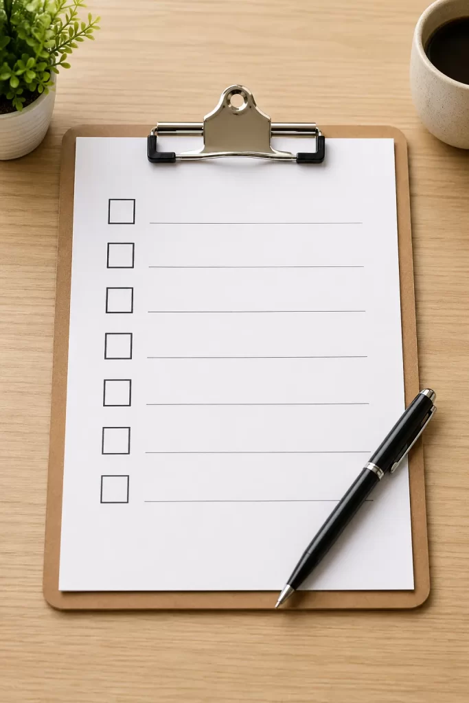 Een overzichtelijke checklist op een bureau voor het controleren van werkafspraken en zelfstandigheid.