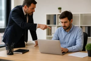 Een zakelijke scène die de grens tussen zelfstandig werken en loondienst verbeeldt.