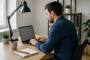 Een zelfstandige professional werkt thuis achter zijn laptop, maar de situatie roept vragen op over echte zelfstandigheid.