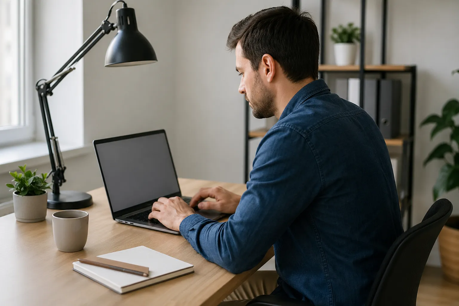 Een zelfstandige professional werkt thuis achter zijn laptop, maar de situatie roept vragen op over echte zelfstandigheid.