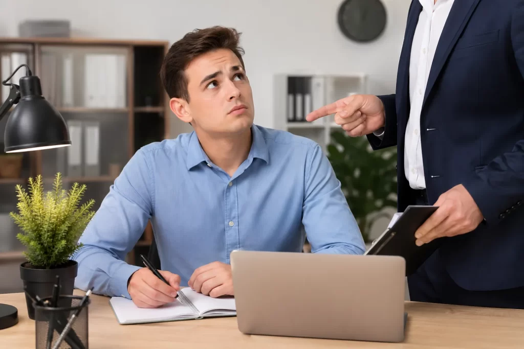 Een zelfstandige professional werkt naast een leidinggevende, terwijl de grens tussen vrijheid en gezag onduidelijk blijft.
