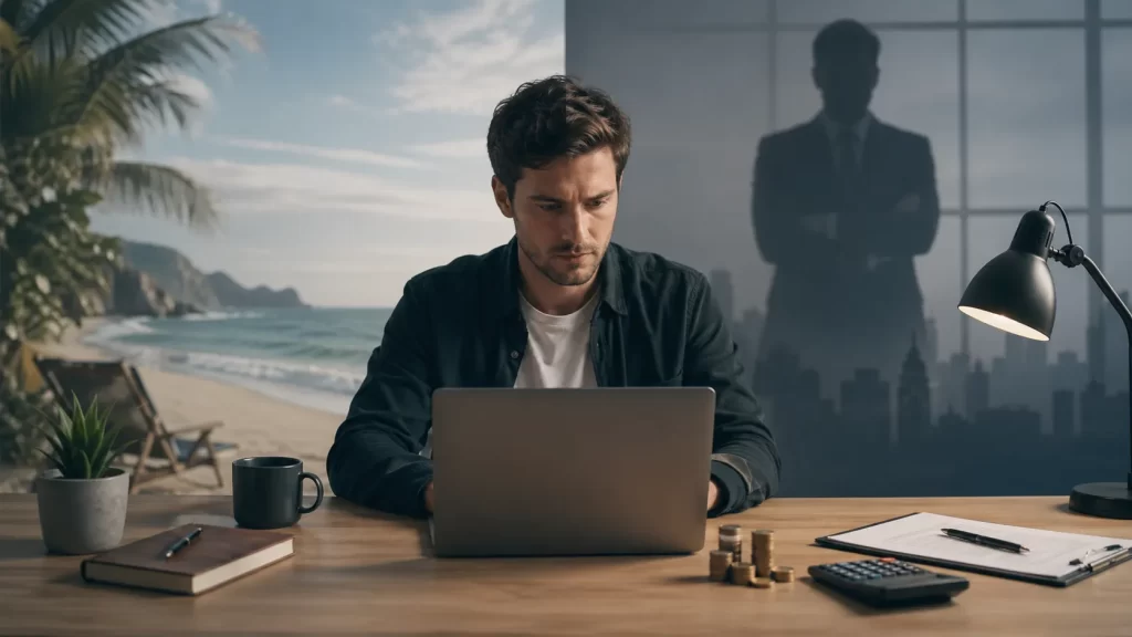 Een freelancer werkt aan zijn uurtarief, terwijl vrijheid en schijnzelfstandigheid visueel tegenover elkaar staan.