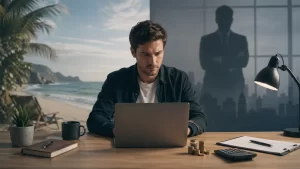 Een freelancer werkt aan zijn uurtarief, terwijl vrijheid en schijnzelfstandigheid visueel tegenover elkaar staan.