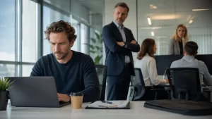 Een zelfstandige professional werkt op kantoor bij een opdrachtgever, terwijl de grens tussen zelfstandigheid en werknemerschap onder druk staat.
