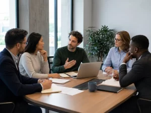 Een professionele bespreking waarin een zelfstandige deelneemt aan een teamoverleg in een moderne kantoorruimte.