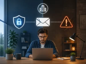 Een visuele balans tussen professionaliteit en risico bij het gebruik van een bedrijfse-mailadres door een zzp’er.