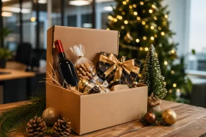 Een zelfstandige professional viert mee met collega’s tijdens een sfeervol zakelijk kerstmoment.