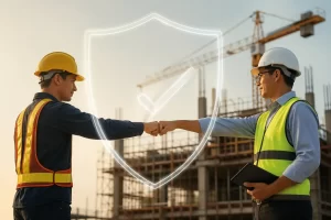 Een bouwplaatsbeeld dat laat zien hoe duidelijke afspraken, toezicht en samenwerking helpen om schijnzelfstandigheid te voorkomen.