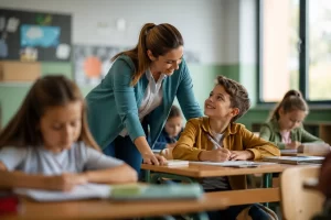 Een vriendelijke leraar begeleidt een leerling tijdens het maken van schoolwerk in een lichte, rustige klas.