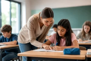 Een leraar begeleidt een leerling in een rustige klasomgeving, met focus op duidelijke samenwerking en professionele onderwijspraktijk.