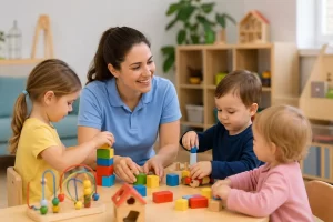 Een professionele kinderopvangsituatie waarin heldere afspraken, teamoverleg en veilige begeleiding centraal staan.
