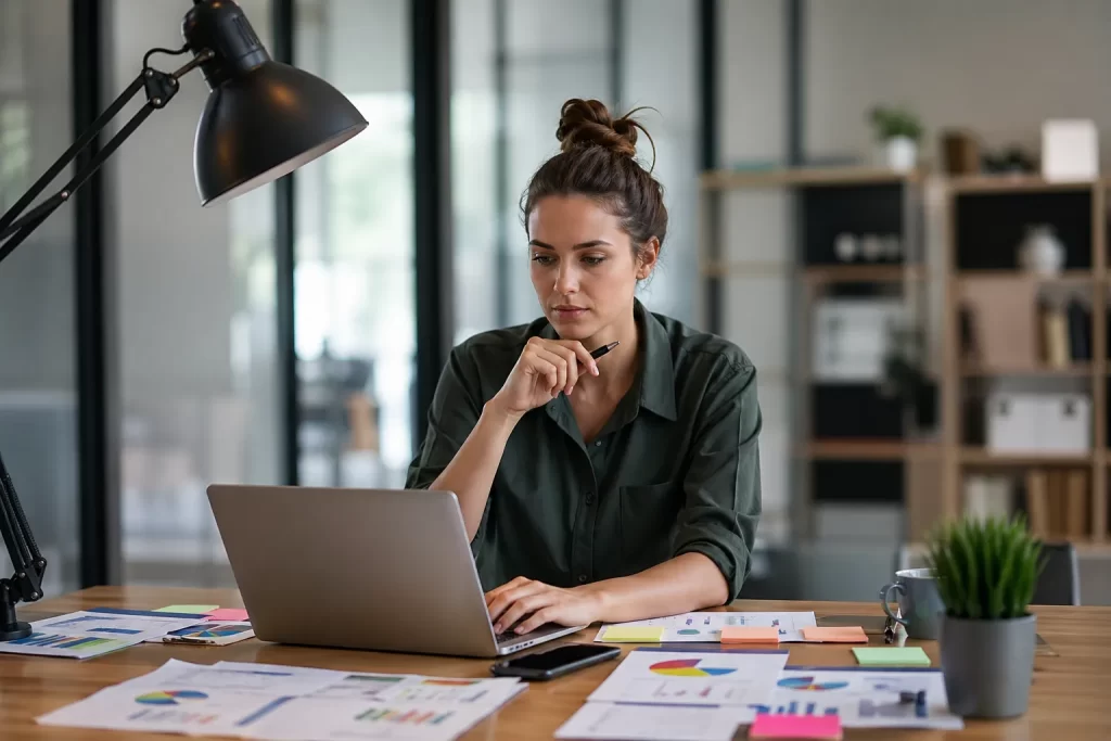Een communicatieadviseur werkt geconcentreerd aan een strategie in een moderne kantooromgeving.