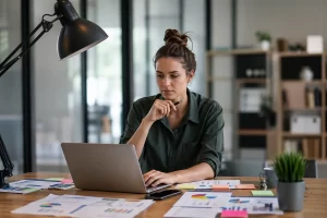 Een communicatieadviseur werkt geconcentreerd aan een strategie in een moderne kantooromgeving.