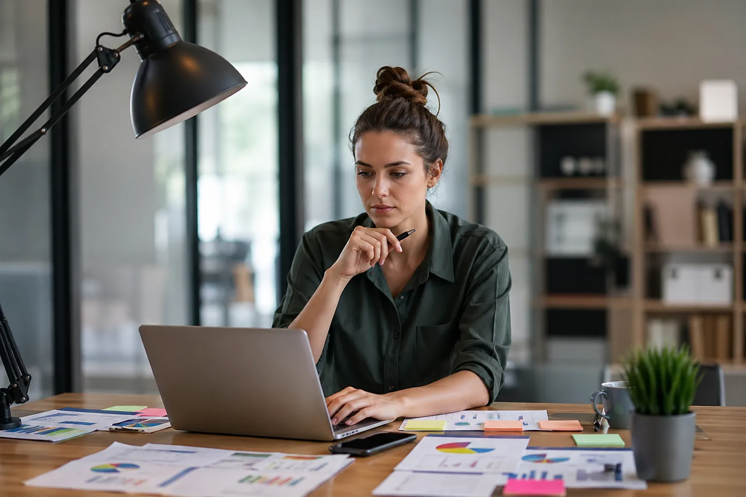 Een communicatieadviseur werkt geconcentreerd aan een strategie in een moderne kantooromgeving.